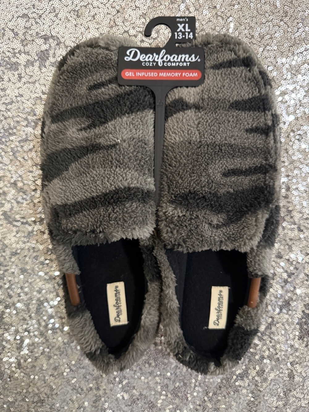 dearfoams Men's Gray Faux Fur Memory Foam Slip-On Loafers